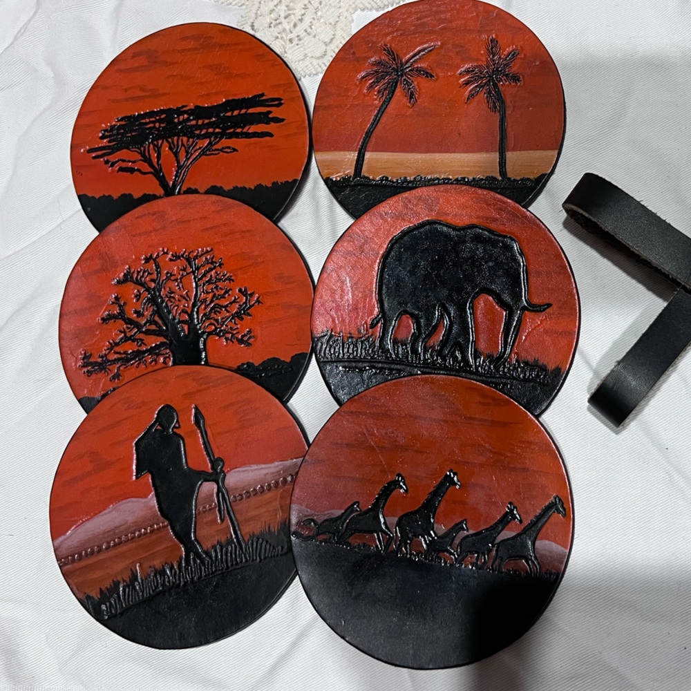 Handcrafted African Leather Coaster Set of 6